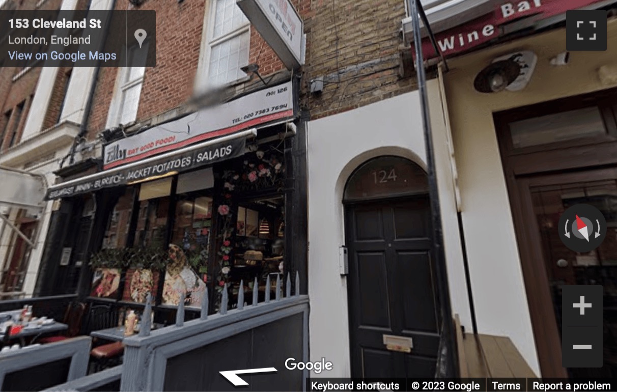 Street View image of 124 Cleveland Street, Central London, W1T, UK