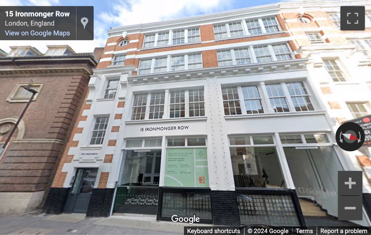 Street View image of 15 Ironmonger Row, Central London, EC1V, UK