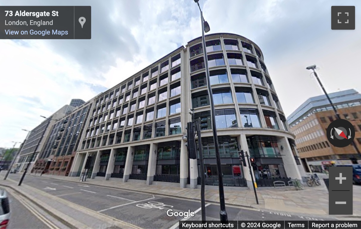 Street View image of 140 Aldersgate Street, Central London, EC1A, UK