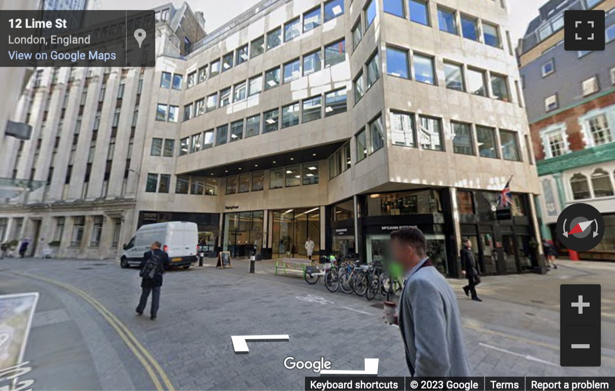 Street View image of 34 Lime Street, Central London, EC3M, UK