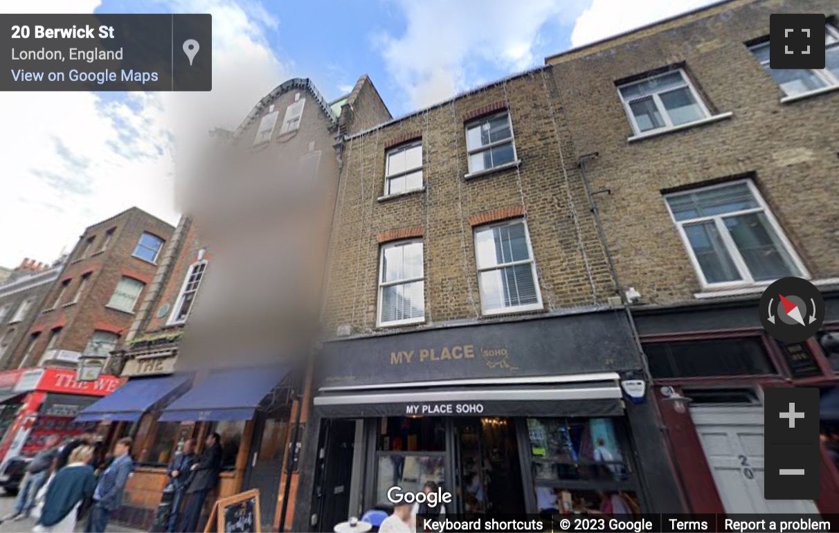 Street View image of 20 Broadwick Street, Soho, Central London, W1F, UK