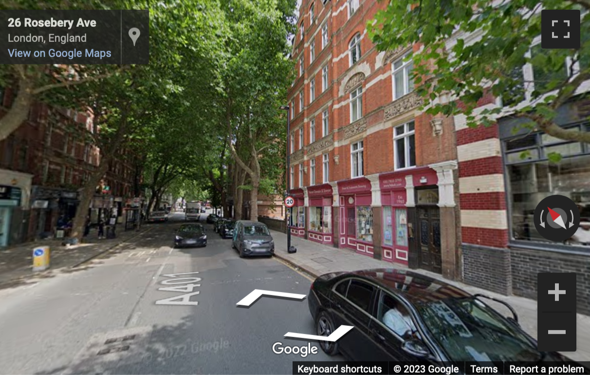 Street View image of 14 Rosebery Avenue, Clerkenwell, Islington, Central London, EC1R, UK