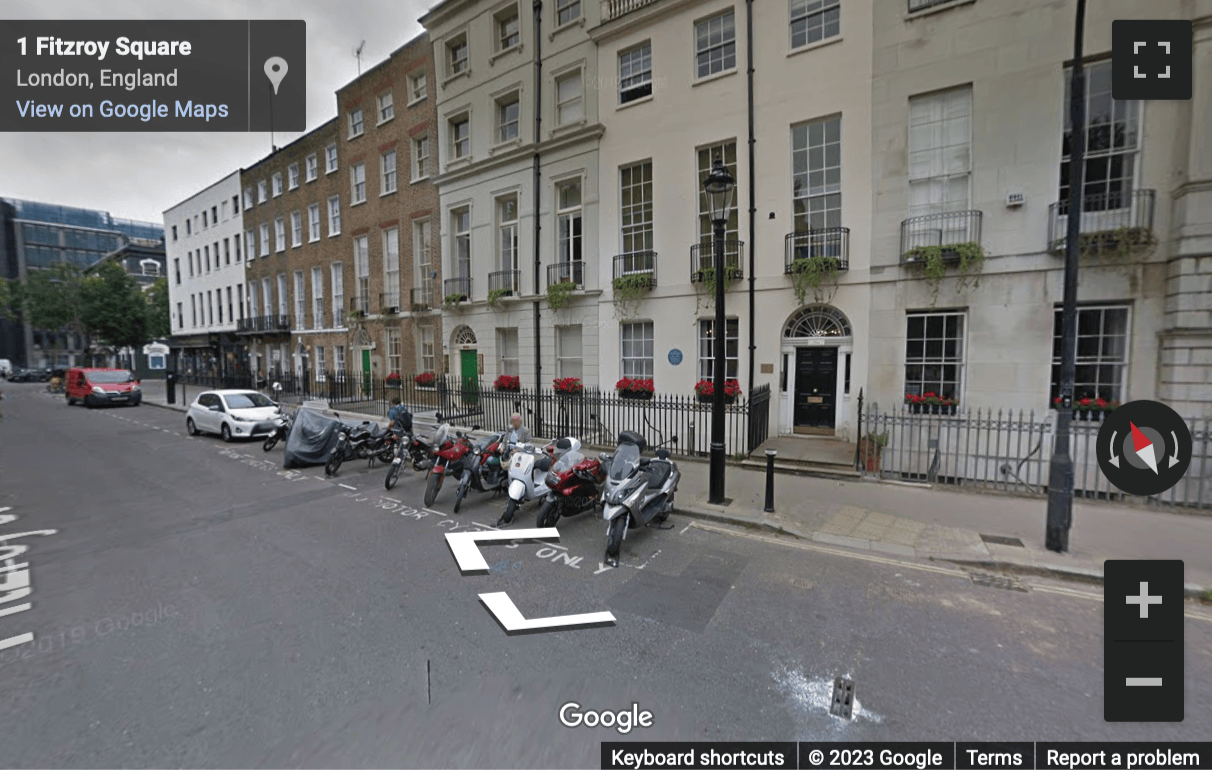 Street View image of 10 Fitzroy Square, Fitzrovia, Central London, W1T, UK (near Regents Park)