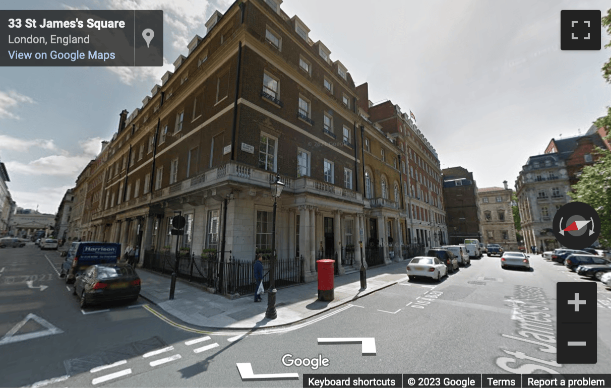 Street View image of 33 St James’s Square, City of Westminster, Central London, SW1Y, UK